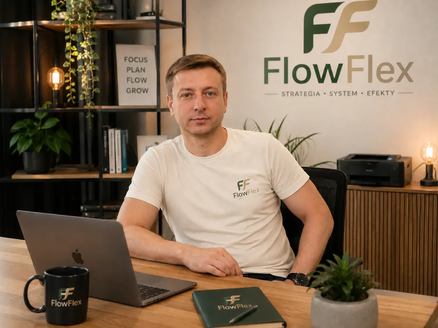 Łukasz Łożyński przy biurku — laptop, notatnik i logo FlowFlex na ścianie
