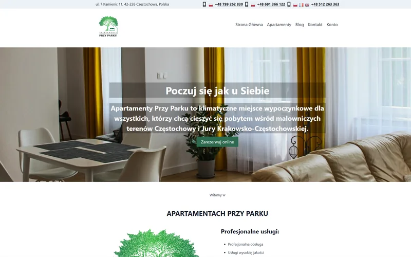 Strona Apartamentów Przy Parku z systemem rezerwacji